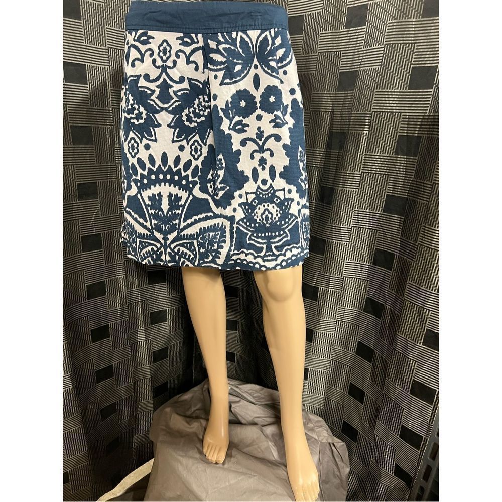 Merona Women 14 Pencil‎ Lined Floral Navy Blue Cream Short Office Skirt